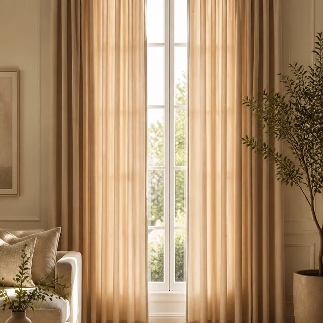 Warm velvet drapes and voile sheers framing a tall window beside a linen sofa